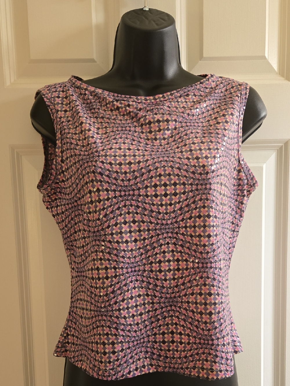 Vintage Y2K Top S Printed Sequin Psychedelic Sleeveless Tank Funky Early 2000’s